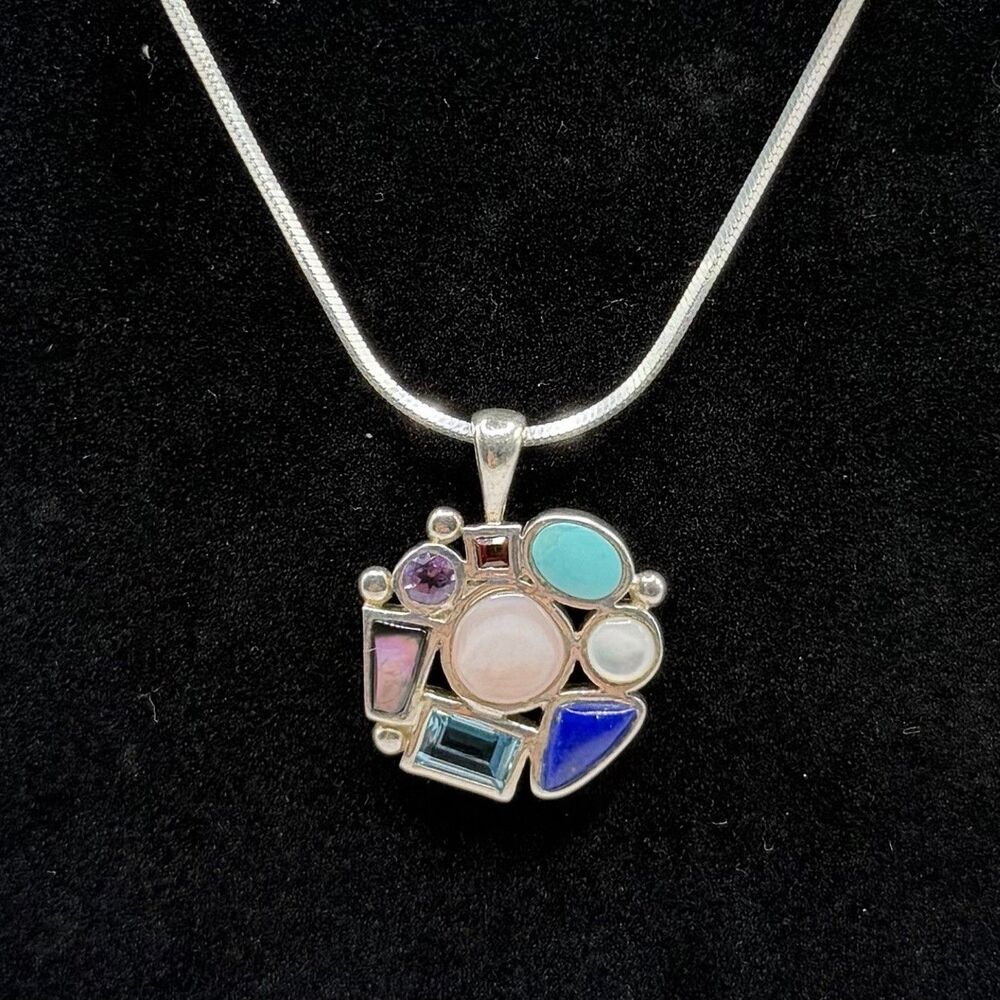 925 Sterling Silver 18” Box Chain Multi Gemstone Mosaic Pendant Necklace